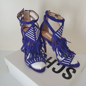 Schutz blue suede stilettos with fringes